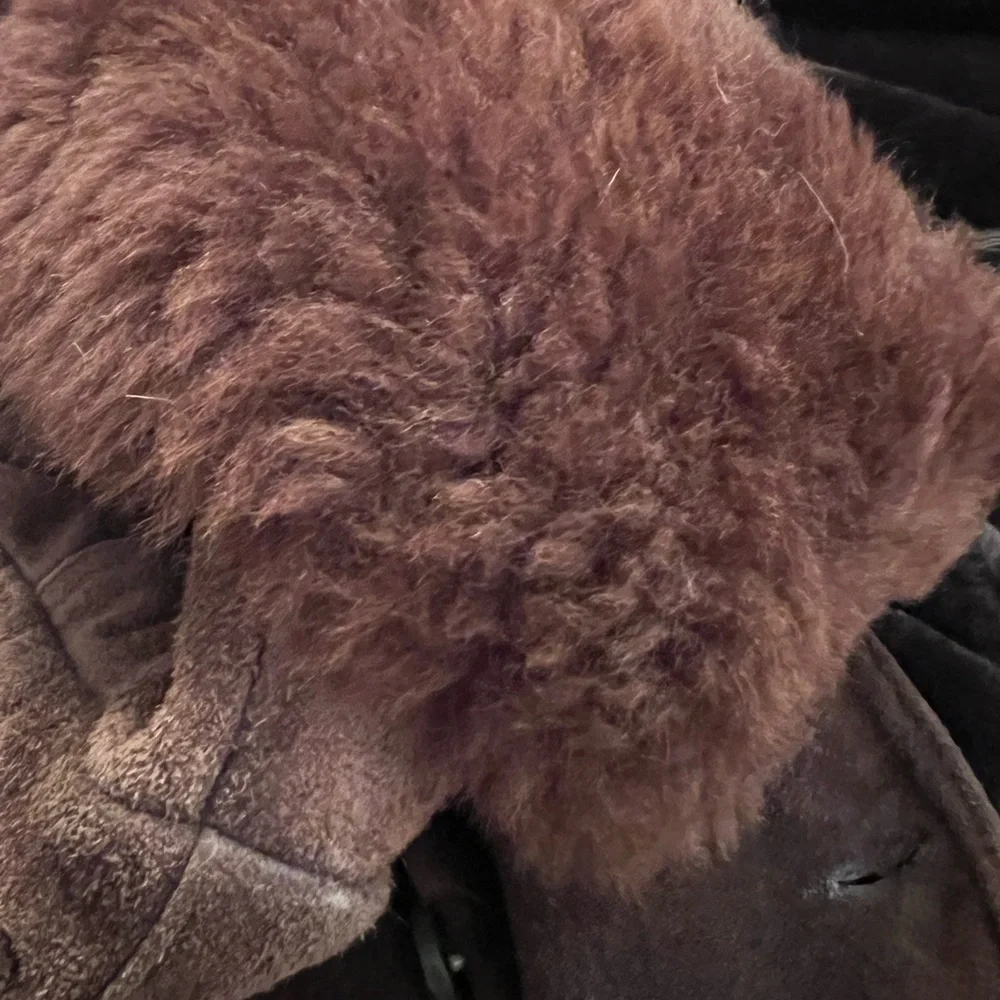 Vintage split cowhide brown suede coat lamb collar wrap style size Med - Picture 12 of 13